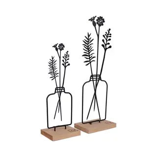 Unus Set Van 2 Vrijstaande Bloemenvazen, 23, 5 Cm En 31, 5 Cm Hoog, Metalen Standaard Met Bamboe Sokkel, Zwart, Lentedecoratie Voor Ramen, Tafel Of