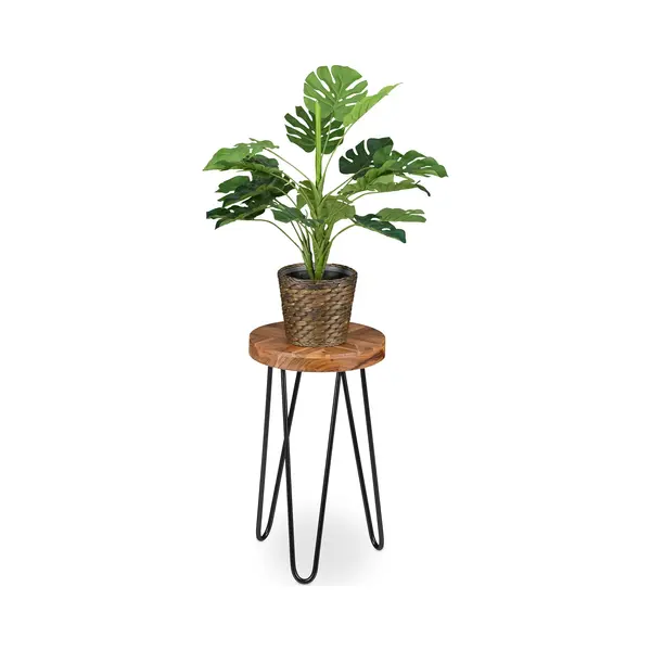 Relaxdays - Plant Stand, Acacia Wood, Round, For Flower Pots, Planters, Retro Design, Hwd, 42 X 25 X 25 Cm, Brown/black thumbnail