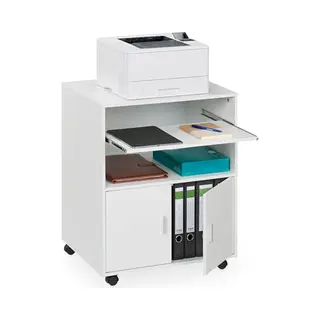 Relaxdays Mobile Office Pedestal With 2 Compartments & Keyboard Tray, Printer Stand On Wheels, 74 X 60 X 48 Cm, White, Fibreboard