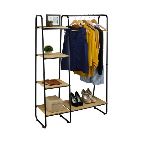Kledingrek Met Plankjes - 150 X 100 X 41 Cm - Industrieel - Slaapkamer - Zwart thumbnail