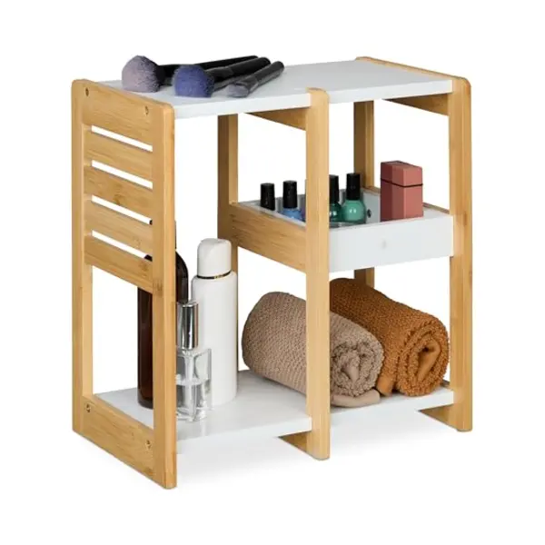 Bamboo Shelf, 3 Tiers, Hxwxd, 35x34x20 Cm, Freestanding Shelving Unit, Bathroom & Kitchen, Mdf, Natural/white - Relaxdays thumbnail