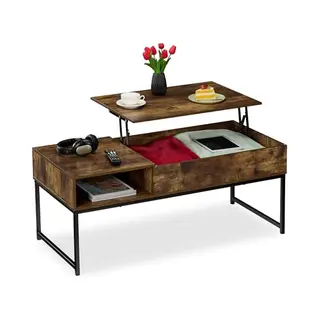 Coffee Table With Lift Top, Side Section, Compartment With Storage Space, Wood-look, 45 X 110 X 50 Cm, Brown - Relaxdays