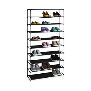 Relaxdays Schoenenrek Met 10 Niveaus, Metalen Schoenenrek, Stoffen Rek, Schoenenrek Voor Hal, Zwart