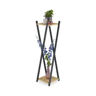 Plantenstandaard Binnen - 2 Etages - Houtlook - 99x29x29 Cm - Zwart-lichtbruin