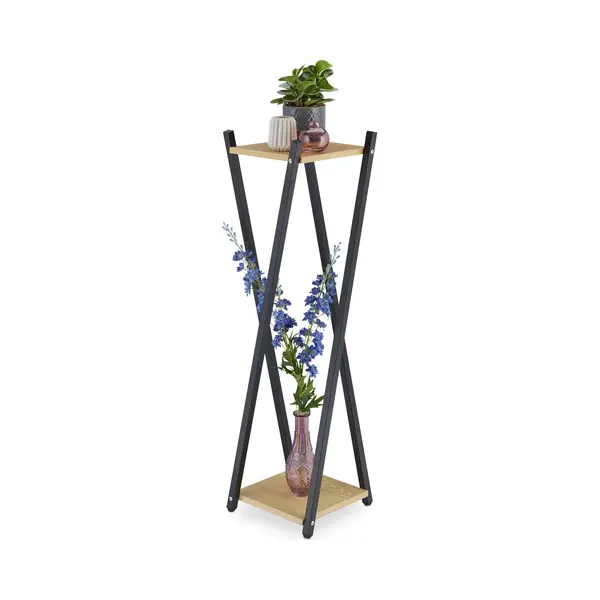 Relaxdays - Plant Stand, 2 Tiers In Wooden Look, Modern Pot Holder, 99x29x29 Cm, Black Metal Frame In X-form, Light Brown thumbnail