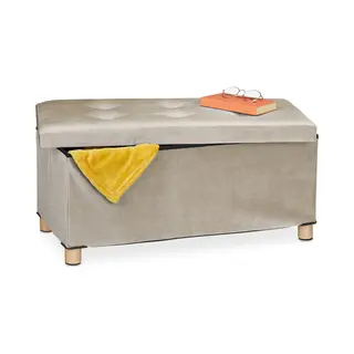 Relaxdays - Sitzbank Mit Stauraum, Polster, Samtbezug, Holzfüße, Bis 120 Kg, Faltbar, Sitztruhe Hbt, 34x76x38 Cm, Creme