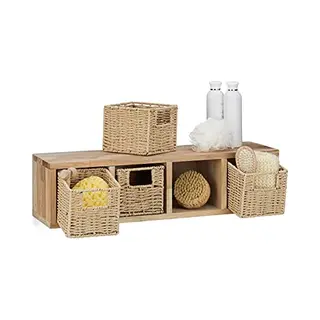 Relaxdays Walnut Hanging Storage Unit, 4 Removable Baskets, Natural Desing, For Wall-Mounting, Natural Brown