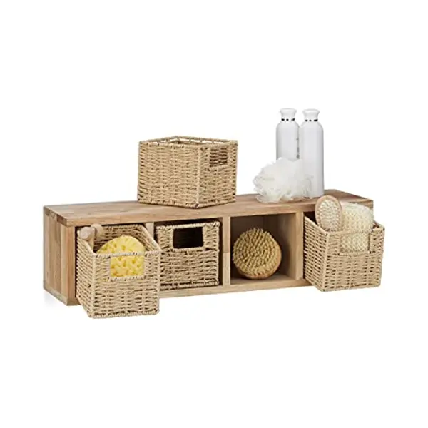 Relaxdays Walnut Hanging Storage Unit, 4 Removable Baskets, Natural Desing, For Wall-Mounting, Natural Brown thumbnail