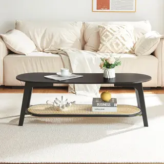 [en.casa] Salontafel Voor Woonkamer Met Opbergvak, Bijzettafel, Tijdloze Stijl, Met Rek Van Kunststof, Bamboe, 120 X 43 X 40 Cm, Zwart, Rotanlook