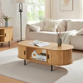 [en.casa] Salontafel, Scandinavisch Design, Bijzettafel Met Schuifdeuren, Opbergvakken, Mdf, Bamboe, Metaal, 120 X 55 X 40 Cm, Natuur, Zwart