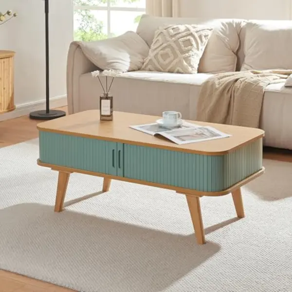 En.casa Couchtisch, »Tysvær« Mit 2 Schiebetüren 100 X 50 X 40 Cm Bambus/Blau thumbnail