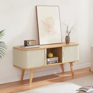 [en.casa] Tv-meubel Met 2 Schuifdeuren En Opbergvak, Bank, Televisiestandaard, Scandinavisch Design, Bamboe, Mdf, 120 X 40 X 58 Cm, Natuur, Wit,