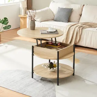 [en.casa] Salontafel, Rond, Transformeerbaar, Met Opklapbaar Blad En Opbergvak, Binnen, Bijzettafel, Modern, Stabiel, Woonkamer, Spaanplaat, Staal, 70