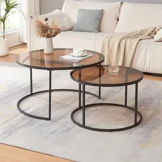 [en.casa] Set Van 2 Ronde Salontafels, Uittrekbaar, Verschillende Maten, Bijzettafel, Bankpunt, Ruimtebesparend, Modern Design, Stabiel, Gehard Glas,