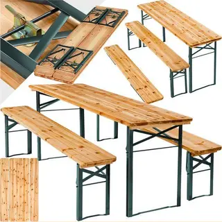 Tectake® 3-Piece Garden Table & Bench Set For 8 People, Folding Table & Benches In Fir Wood With Water-Repellent Varnish & Sturdy Steel Frame, Garden
