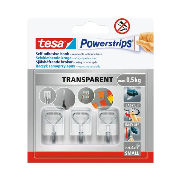 Tesa, Zelfklevende Haken + Zelfklevende Spijkers, Clothes Hook Powerstrips, 3 Pcs, Transparent thumbnail