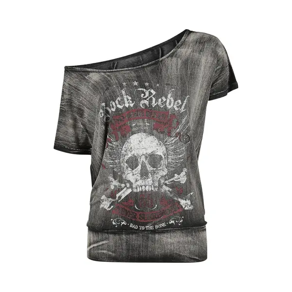 Rock Rebel By Emp Dark Grey T-shirt With Wide Neckline And Print T-Shirt Dark Grey thumbnail