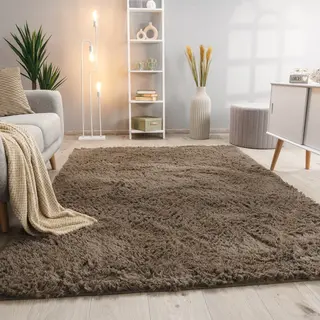 Hochflor Teppich Wohnzimmer Fellteppich Kunstfell Shaggy Flauschig Einfarbig 160x220 Cm, Taupe - Paco Home