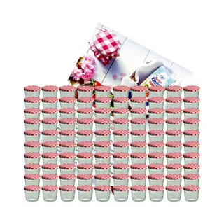 MamboCat Set Van 100 Potten 230 Ml Jampot Inmaakpot Naar 82 Rood Geruit Deksel Incl. Diamant-Zucker Gelierzauber Receptenboekje