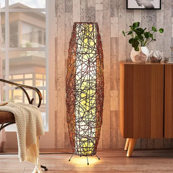 Lindby - Vloerlamp - 2lichts - Rotan, Stof, Metaal - H, 111 Cm - E14 - Bruin, Wit thumbnail