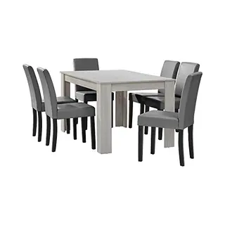 [en.casa] Esstisch Eiche Weiß Mit 6 Stühlen Hellgrau Kunstleder Gepolstert 140x90 Essgruppe Esszimmer