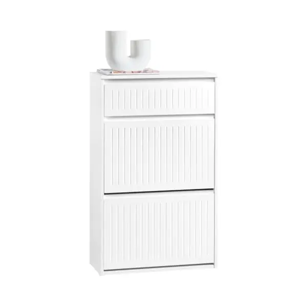 SoBuy Narrow Shoe Storage Cupboard – 2 Flip Drawers & Pull-Out Drawer, Slim Shoe Rack Cabinet For Hallway, Space Saving Design, White Mdf thumbnail