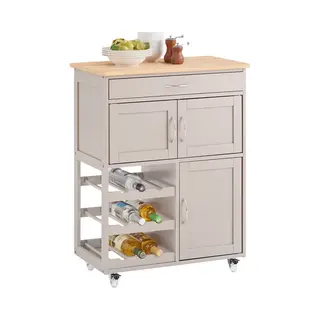 SoBuy Keukentrolley Met Lades En Wijnrek, Keukenmeubel Op Wieltjes Met Werkblad, Compact Kookeiland, Lichtbruin 67x86x38 Cm - FKW45-Ka