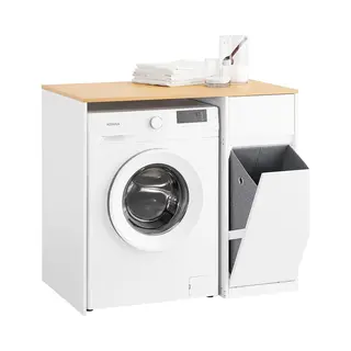 SoBuy Wasmachinekast - Badkamermeubel Met Wasmand En Lade, Voor Wasmachine En Wasdroger, Kast Voor Wasmachine Van Hout, Wit, 100 X 60 X 90 Cm,