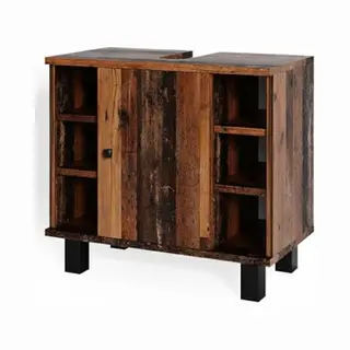 Vicco Sink Base Cabinet Fynn, Antique Wood, 60 X 54 Cm, With Cut-out For Siphon And Open Storage Shelves