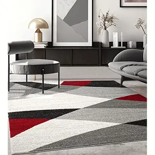 The Carpet Pearl – Modern Kortflor Vloerkleed Met Contourensnede, Golvend Geometrisch Patroon, Grijs Rood, 80 X 140 Cm