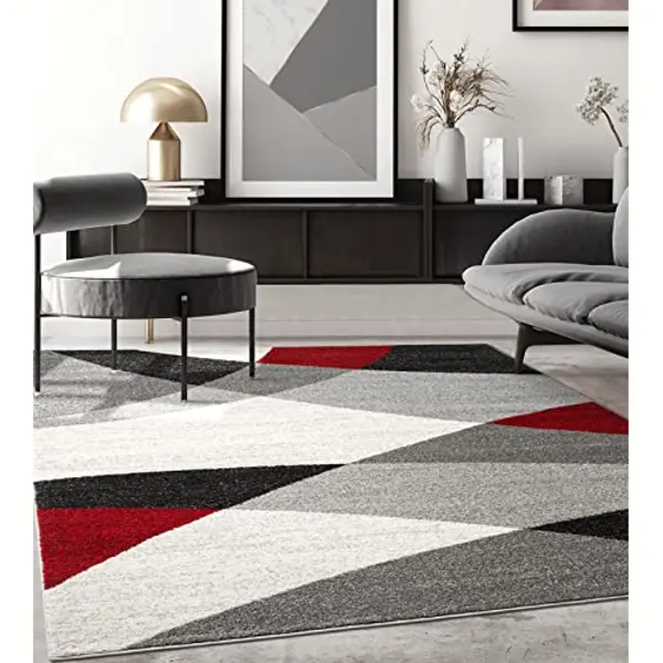 The Carpet Pearl Modern Dense Short Pile Living Room Bedroom Carpet, Contour Cut, Geometric Pattern, Wave Pattern, Grey Red, 80 X 140 Cm thumbnail