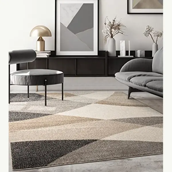 The Carpet Pearl Modern Dense Short Pile Living Room Bedroom Carpet, Contour Cut, Geometric Pattern, Wave Pattern, Beige, 80 X 140 Cm thumbnail