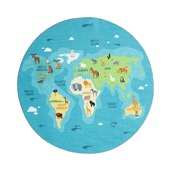 The Carpet Happy Life Play Carpet, Washable, For The Bedroom, Suitable For Children, With Earth And Animal World Map Design, Blue, 160 X 160 Cm thumbnail
