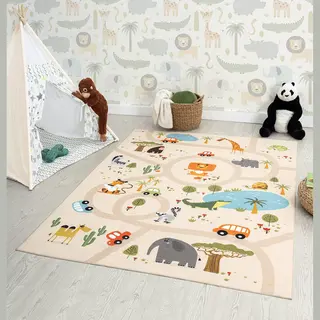 The Carpet Happy Life Kindertapijt Jungle Safari – Wasbaar Speelkleed Voor Kinderkamer, Beige, 80 X 150 Cm
