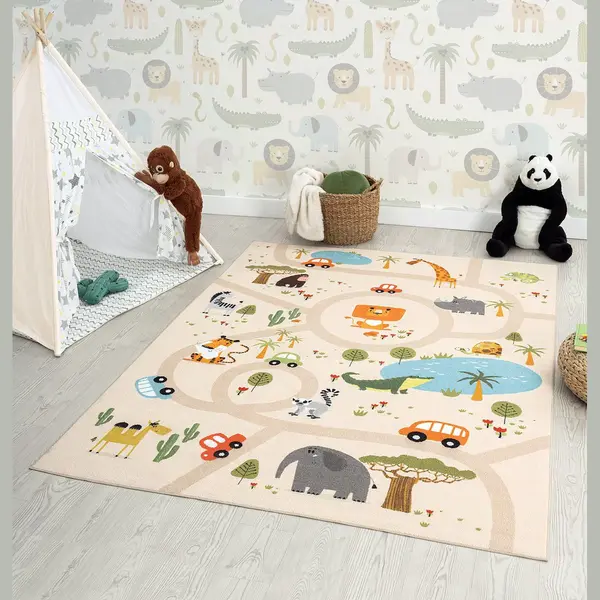The Carpet Happy Life Play Carpet, Washable, For The Bedroom, Suitable For Children, With Street, Road, Jungle, Animal And Car Motifs, Beige, 80 X 150 thumbnail