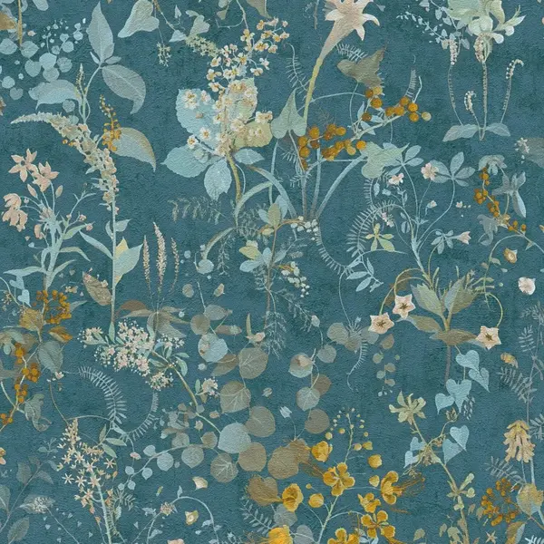 Profhome - Flowers Wallcovering Wall 388253 Hot Embossed Non-woven Wallpaper Textured With Floral Ornaments Matt Blue Teal Yellow Green 5.33 M2 thumbnail