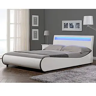 Corium Gestoffeerd Tweepersoonsbed Met Geïntegreerde Led-verlichting, Lattenbodem 180 X 200 Cm, Kunstleren Bekleding Wit Met Zwart