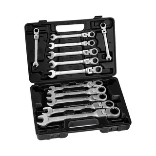 Tectake® Steeksleutelset - Ratelset 12-delig - Steeksleutels Met Flexibele Gewrichtskoppen - Steekringsleutelset - Gereedschap In Kunststof Koffer