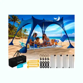 Eloneo Strandtent Met Zonnedoek - Uv-bescherming Upf 50+, Windscherm, Strandaccessoires & Camping, Blauw 228x214x200 Cm