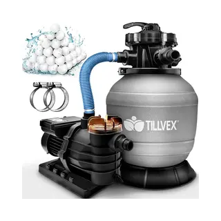 Tillvex® Sandfilteranlage Pool 13.200L/h Bis 40.000L + 1200g Filterbälle | Filteranlage 7-Wege Ventil & 2in1 Adapter Ø32-38mm | Poolfilter