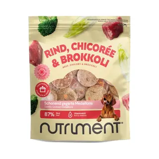 Nutriment | Schonend Gegarte Medaillons Rind, Chicorée & Brokkoli 800 G | Roh, Getreidefrei, Ausgewogen | Für Hunde | Hundefutter | Haustierkost