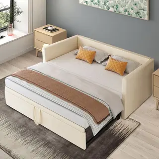 Shopentra Slaapbank 90/180x200cm – Fluweel Beige – Tweepersoons Sofa Bed Met Opklapfunctie, Comfortabel En Ruimtebesparend
