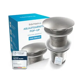 Bächlein Universal Drain Fitting Without Overflow (Brushed Stainless Steel) - Pop Up Valve For Sink And Washbasin - Brass Drain Valve With