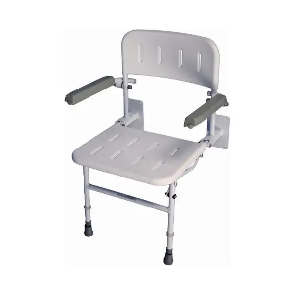 Aidapt Solo Standard Shower Seat With Legs And Backrest Padded Arms, Wall Mounted, Fold Flat Against Wall, Clip On/Off Seat, Adjustable, Compact, thumbnail