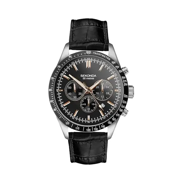 Sekonda Velocity Men’s 45mm Quartz Watch In Black With Analogue Display, And Black Leather Strap 30017 thumbnail