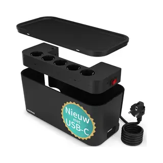 Acropaq Kabelbox Stekkerdoos – Zwart – 5x Eu Stopcontact, Usb-A, Qc Usb-A & Usb-C – Geïntegreerde Stekkerdoos – Kabel Organiser – Voor