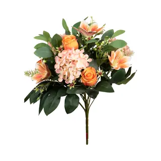 Louis Maes Kunstbloemen Boeket Roos/hortensia/lelie - Oranje/zalm - H39 Cm - Bloemstuk - Bladgroen