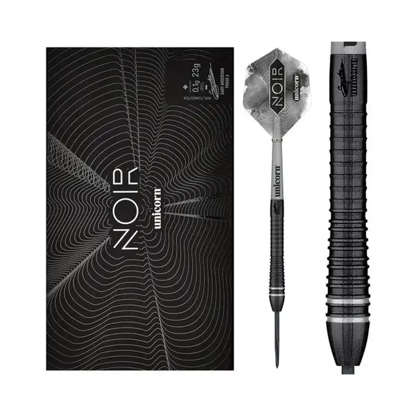 Unicorn Steel Tip Darts Set | Gary 'The Flying Scotsman' Anderson Noir Organic Phase 6 | 90% Tungsten Barrels With Black Titanium Coating | Steel Tip thumbnail