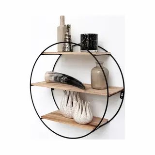 Zwart Metalen Wandrek Industrieel Met 3 Houten Plankjes - Rond - 50x19 Cm