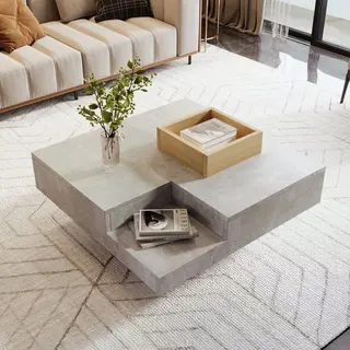 Sweiko Salontafel, Woonkamer Tafel, 72x72x30cm, Bijzettafel Met Afneembare Opbergdoos, Betongrijs En Houten Kleur